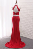 Two Pieces High Neck Spandex Prom Dresses With Applique And Beads Sweep