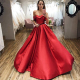 Red Ball Gown Off the Shoulder V Neck Satin Prom Dresses, Evening STA20432