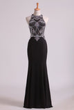 Black Prom Dresses Scoop Beaded Bodice Floor Length Spandex Sheath