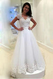 A Line V Neck Wedding Dresses Tulle With Applique And Sash Sweep