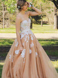 Elegant Sweetheart Floor Length Lace Top Champagne Prom Dresses
