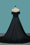 Off The Shoulder Stretch Satin Prom Dresses A Line With Applique And