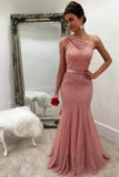 Mermaid One Shoulder Tulle With Beads And Sash Prom Dresses Sweep