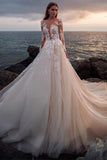 A Line Pink Long Sleeves Round Neck Tulle Wedding Dresses with Appliques, Wedding Gowns STA15012