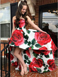 A Line Strapless High Low Red Rose Floral Satin Prom Dresses, Long Evening Dress STA15556