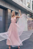 Simple A Line Pink V Neck Tulle Sleeveless Prom Dresses Long Bridesmaid Dresses STA15383