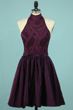 High-Neck Short/Mini Homecoming Dresses A Line Satin & Lace With Detachable