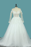 A Line Long Sleeves Tulle Scoop Wedding Dresses With Applique And Beads Sweep