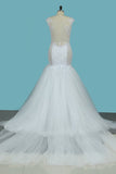 Mermaid Spaghetti Straps Tulle Wedding Dresses With Applique Cathedral