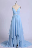 Sexy Sky Blue Spaghetti Long Prom Dresses, Chiffon Backless Evening Dresses