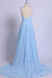 Sexy Sky Blue Spaghetti Long Prom Dresses, Chiffon Backless Evening Dresses