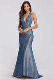 Sexy V Neck Halter Blue Backless Prom Dresses, Cheap Long Party Dresses STA15365