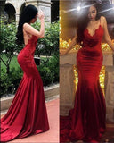 Chic Red Spaghetti Straps Mermaid V Neck Prom Dresses with Appliques, Formal Dresses STA15571