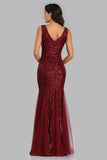 Sexy Burgundy Tulle V Neck Mermaid Sequin Prom Dresses, Evening Party Dresses STA15332
