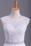 White Scoop Wedding Dresses A-Line Court Train With Beads &
