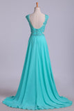 Two Pieces Bateau Backless Prom Dresses A Line Chiffon Sweep Train With