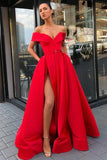 Off the Shoulder Red Satin V Neck Long Prom Dresses, High Slit Party Dresses with Pockets STA15271