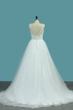 A Line Tulle V Neck With Beads And Ruffles Open Back Wedding