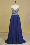 A Line Sweetheart Beaded Bodice Prom Dresses Dark Royal Blue Chiffon Floor Length