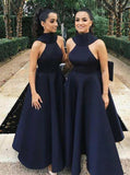 Ball Gown High Neck Satin V Neck Bridesmaid Dresses with Bowknot, Wedding Party Dress STA15559