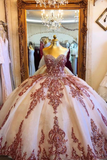 Champagne Tulle Rosewood Appliques Sweet Heart Neckline Ball Gown Quinceanera Dresses Prom STAPCTTJKBL