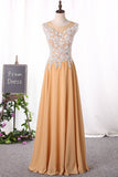 Prom Dresses A Line Scoop With Applique Chiffon Floor