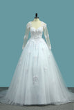 A Line V Neck Long Sleeves Wedding Dresses Tulle With