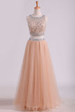 Two Pieces Bateau Beaded Bodice Prom Dress A Line Tulle Floor