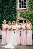 A Line Pink One Shoulder Chiffon Long Simple Bridesmaid Dresses, Wedding Party Dresses STA15552