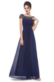 Elegant Lace Cap Sleeve Chiffon Evening Gowns Open Back Bateau Long Prom Dresses STA15170