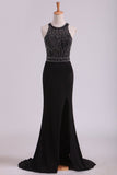 Black Open Back Prom Dresses Scoop Spandex With Beading & Slit Sweep Train
