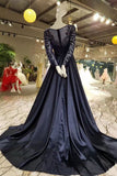 Dark Davy Prom Dresses Removable Train Scoop Tulle With Full Beading Long