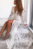 Long Sleeves Mermaid Lace V Neck Wedding Dresses with Slit, Wedding STA15651