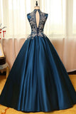 Sexy Open Back High Neck Prom Dresses A Line Satin