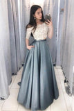 2 Pieces Long Lace Satin A-Line Elegant Prom Dresses For