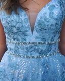 Elegant A Line Lace Appliques Blue V Neck Prom Dresses, Long Evening STA20407