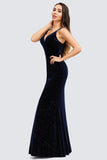 V-Neck Spaghetti Straps Velvet Dark Navy Blue Mermaid Evening Dress, Prom Dresses STA15480