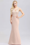 Elegant V-Neck Floral Lace Pink Evening Dress Satin Prom Dresses STA15216