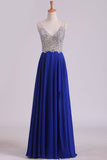 V Neck Beaded Bodice A Line Prom Dresses Chiffon With Slit Sweep