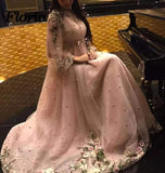 Sparkly Long Sleeves Beading Prom Dresses with Hand Made Flowers, Long Dance Dresses STA15536