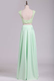 Two Pieces Cap Sleeves A Line Prom Dresses Scoop Beaded Bodice Stretch