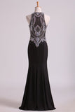 Black Prom Dresses Scoop Beaded Bodice Floor Length Spandex Sheath
