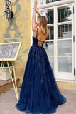 Elegant Blue V Neck Lace Long Prom Dresses Spaghetti Straps Evening STA20485