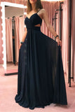 Simple Dark Blue Chiffon Long Prom Dresses Cut Out Sexy Evening Dresses