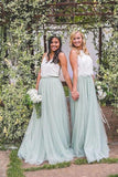 2 Pieces Tulle Ivroy And Mint Long Simple Cheap Elegant Bridesmaid Dresses STA15543
