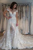 Gorgeous Cap Sleeves Sheer Neck Long Wedding Dress With Detachable STAPLAP8XH8