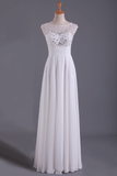 White Bateau A-Line Prom Dresses Chiffon Floor-Length With Beads And