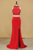 Two-Piece High Neck Spandex Prom Dresses Sheath With Beads And Applique Open