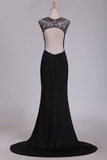 Spandex Scoop With Beads And Slit Open Back Sheath Prom Dresses Sweep