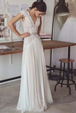Unique V Neck Cap Sleeves Chiffon Beach Wedding Dress With Beading STAPGG9HAF7